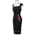 Belle Poque Retro Vintage 50s 60s Cap Sleeve Quadrado Neck Hips-Wrapped Bodycon Pencil Dress com Rose Appliques BP000328-1